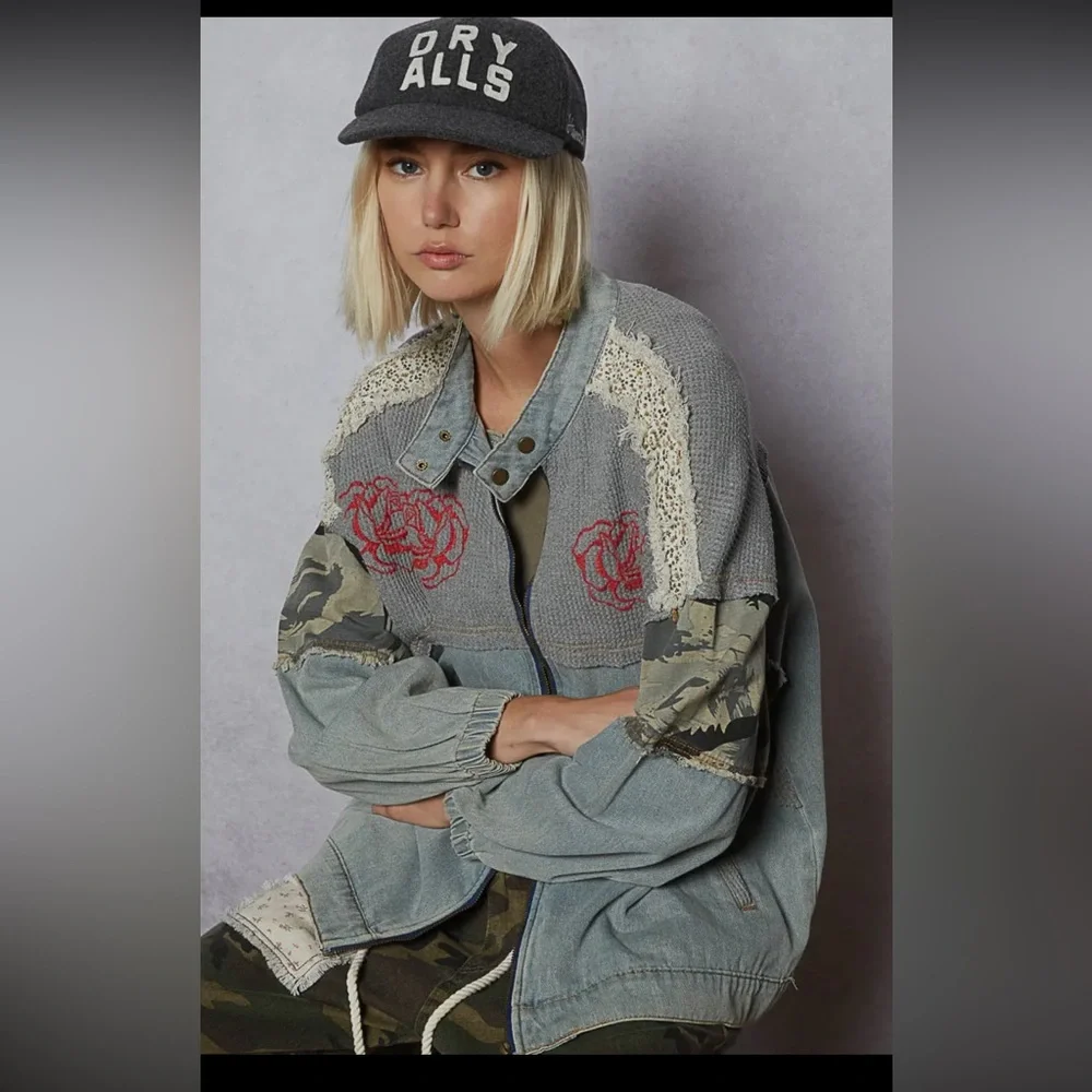 164. Oversized crochet rose embroidery camo denim jacket